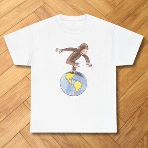 White-Curious George Monkey Earth Planet Cartoon Graphic Tee